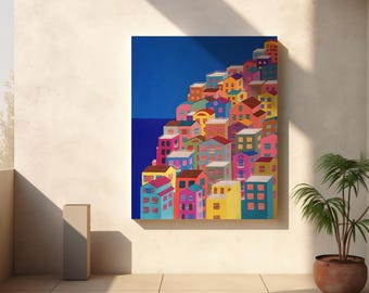 Może przedstawiać: Kolorowy obraz wioski na zboczu wzgórza z domami ułożonymi jeden na drugim. Domy są pomalowane w różnych odcieniach niebieskiego, zielonego, żółtego, różowego i pomarańczowego. Tło to głębokie niebieskie niebo.