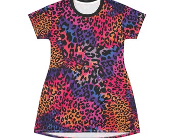 Rainbow Leopard Print T-Shirt Dress