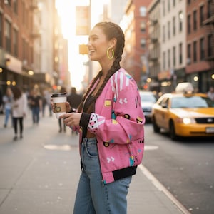80s Retro Bomber Jacket Unisex, Memphis Style Geometric Jacket, Vintage Streetwear image 5