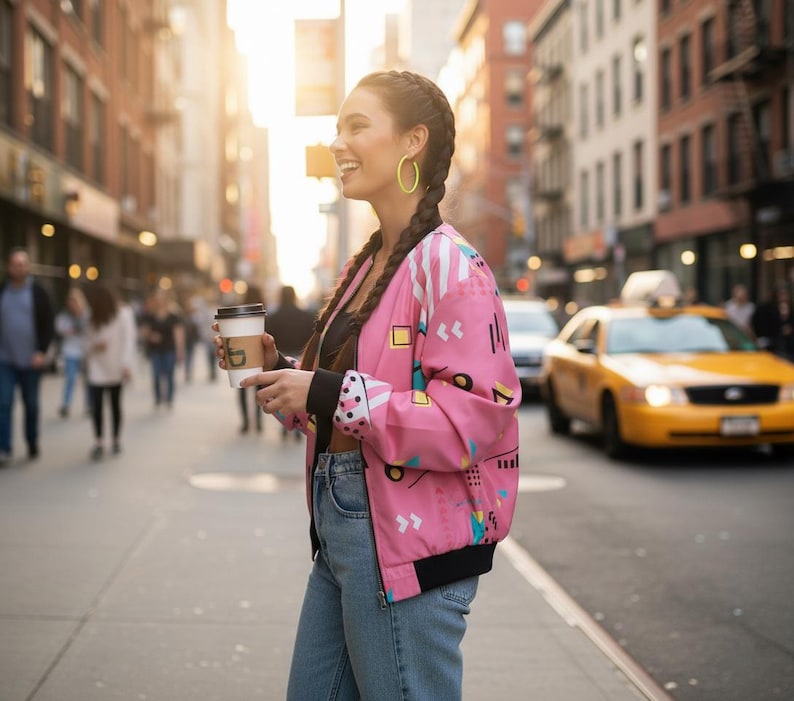 80s Retro Bomber Jacket Unisex, Memphis Style Geometric Jacket, Vintage Streetwear image 5