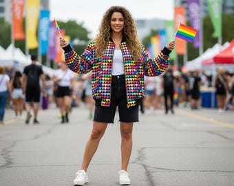Rainbow Hearts Bomber Jacket: Vibrant Y2K Festival Outerwear