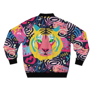 Graffiti Tiger Bomber Jacket, Bold Streetwear Windbreaker, Funky Neon Festival Jacket, Urban Art Style, Rave & Hip-Hop Clothing
