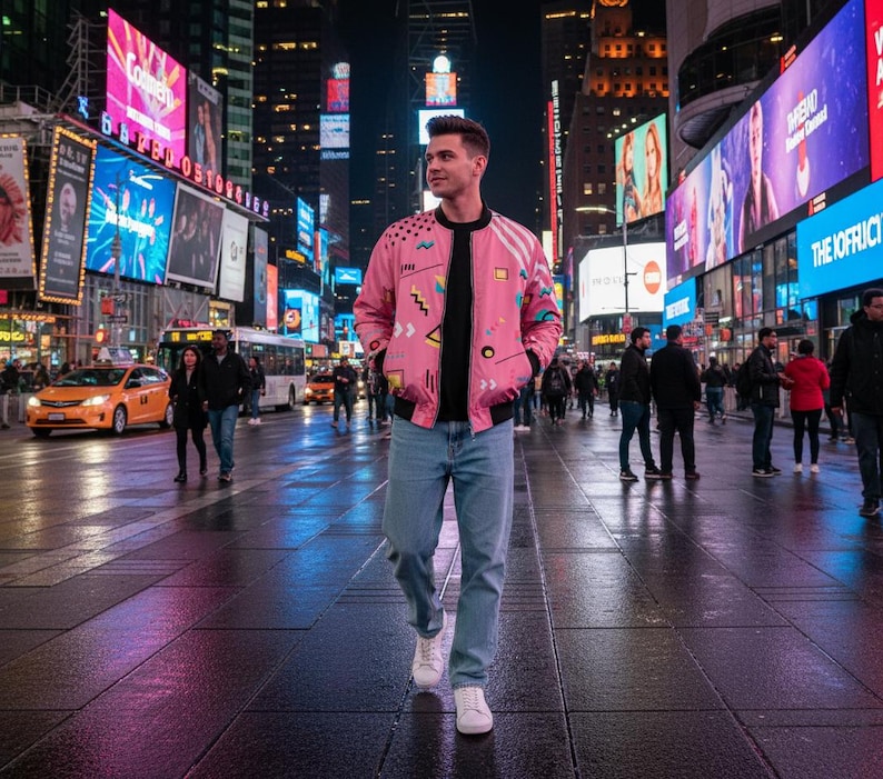 80s Retro Bomber Jacket Unisex, Memphis Style Geometric Jacket, Vintage Streetwear image 6