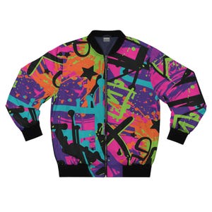 Retro Hip Hop Bomber Jacket | Urban Streetwear Graffiti Coat with Color Splashes & Hip Hop Fashion Outwear