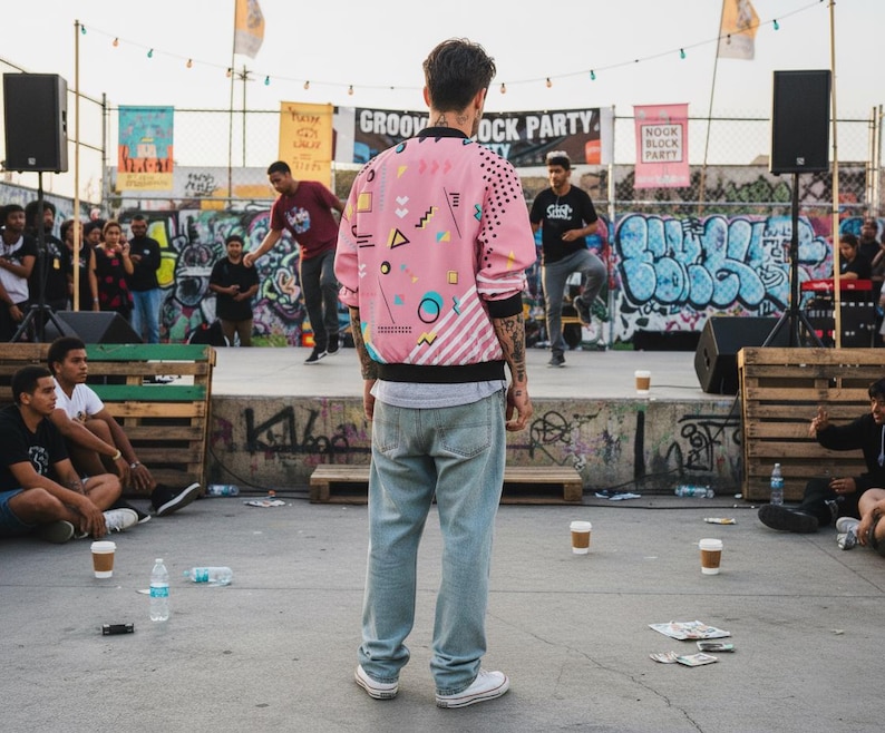 80s Retro Bomber Jacket Unisex, Memphis Style Geometric Jacket, Vintage Streetwear image 4