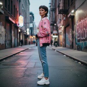80s Retro Bomber Jacket Unisex, Memphis Style Geometric Jacket, Vintage Streetwear image 2