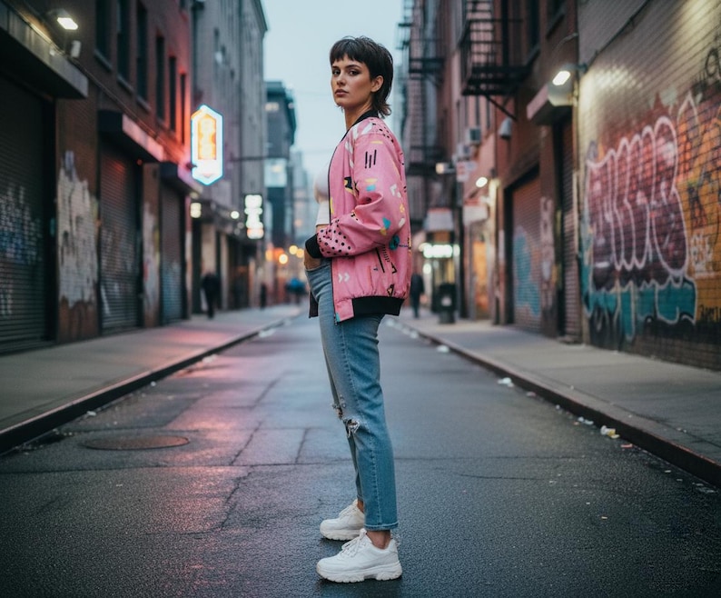 80s Retro Bomber Jacket Unisex, Memphis Style Geometric Jacket, Vintage Streetwear image 2