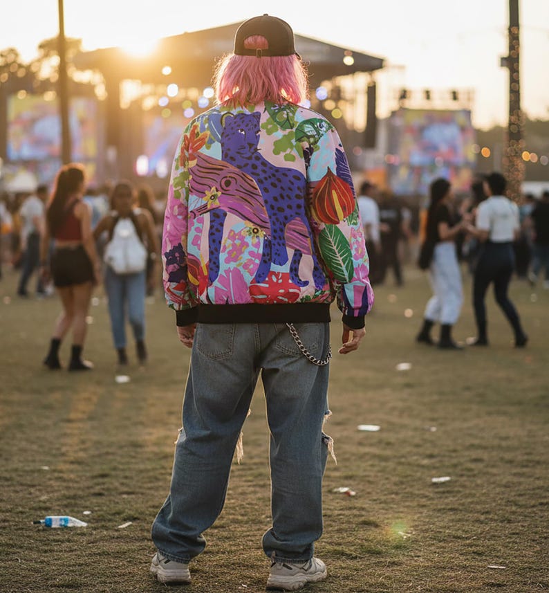 Jungle Leopard Bomber Jacket: Vibrant Tropical Rave Festival Outfit - Etsy