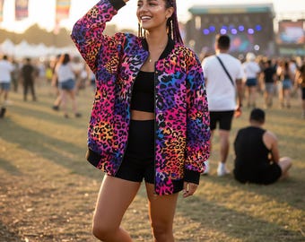 Rainbow Leopard Print Bomber Jacket - Rave Festival Windbreaker