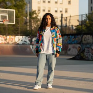 90s Retro Bomber Jacket: Color Block Memphis Pop Art Windbreaker image 6