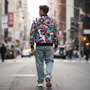 Vibrant Lightweight Popart Bomber Jacket, Trendy Streetwear Coat, Funky Layering Piece, Unisex Fashion Outerwear, Music Festival Outfit