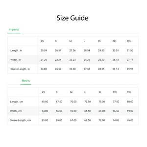 May include: Size guide chart for clothing with measurements in inches and centimeters. The chart shows sizes from XS to 3XL with corresponding measurements for length, width, and sleeve length.