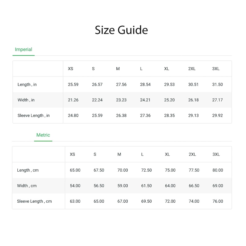 May include: Size guide chart for clothing with measurements in inches and centimeters. The chart shows sizes from XS to 3XL with corresponding measurements for length, width, and sleeve length.