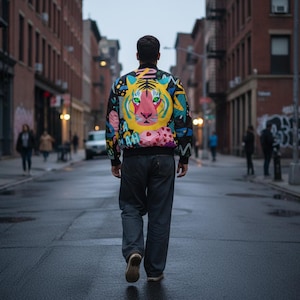 Bold Tiger Graphic Bomber Jacket – Vibrant Streetwear Zip-Up, Colorful Festival Jacket, Unisex Statement Piece, Hypebeast Urban Fashion