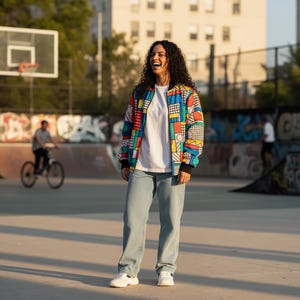 90s Retro Bomber Jacket: Color Block Memphis Pop Art Windbreaker image 5