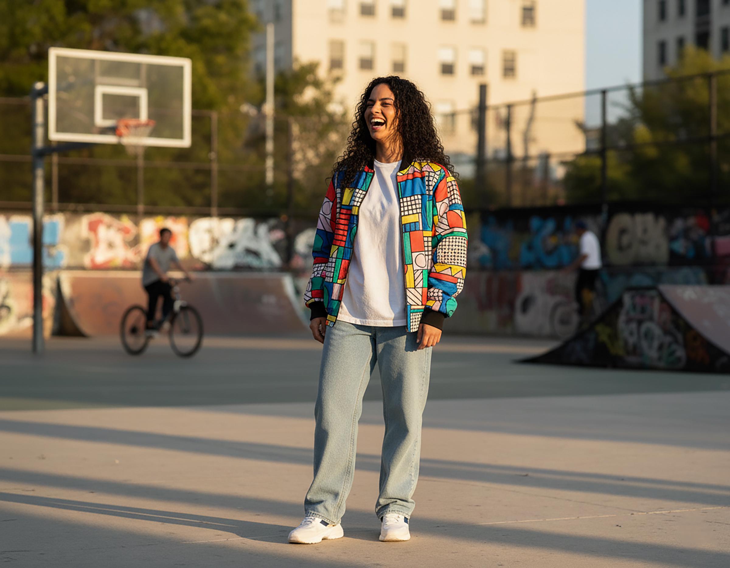 ジャケット・アウター vintag paint design short bomber jacket 90s Retro Bomber Jacket: Color Block Memphis Pop Art Windbreaker
