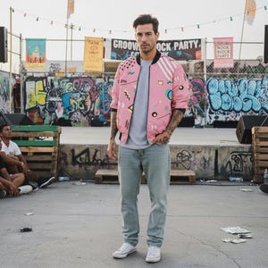 80s Retro Bomber Jacket Unisex, Memphis Style Geometric Jacket, Vintage Streetwear image 3