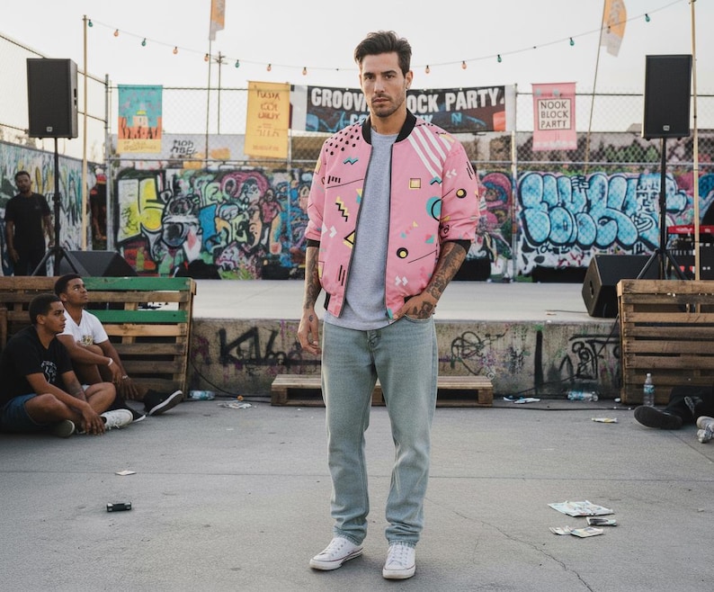 80s Retro Bomber Jacket Unisex, Memphis Style Geometric Jacket, Vintage Streetwear image 3
