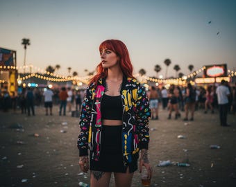 Trippy Graphic Print Bomber Jacket: Psychedelic Rave & Festival Fashion