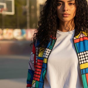 90s Retro Bomber Jacket: Color Block Memphis Pop Art Windbreaker image 4