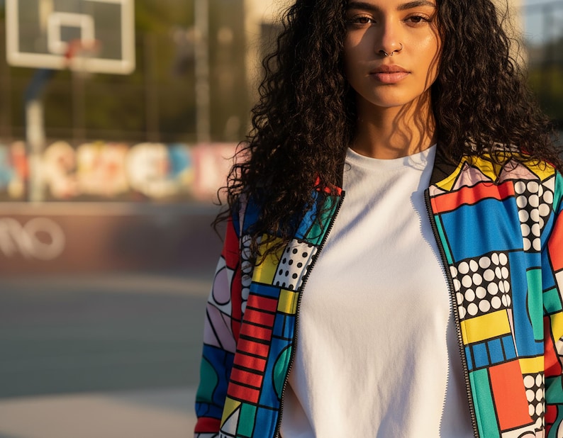 90s Retro Bomber Jacket: Color Block Memphis Pop Art Windbreaker image 4