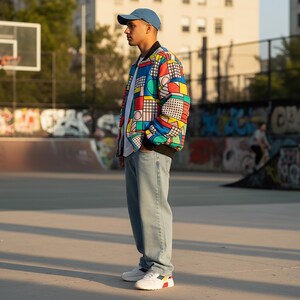 90s Retro Bomber Jacket: Color Block Memphis Pop Art Windbreaker image 3