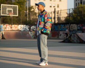 90s Retro Bomber Jacket: Color Block Memphis Pop Art Windbreaker