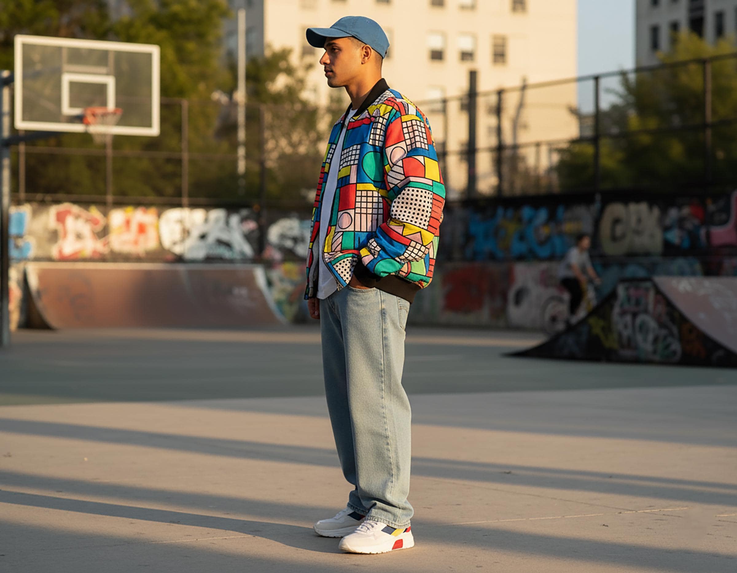 90s Retro Bomber Jacket: Color Block Memphis Pop Art Windbreaker