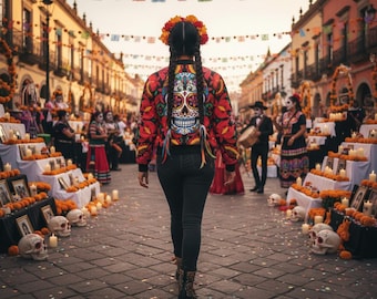 Day of the Dead Sugar Skull Bomber Jacket, Halloween Festival Dia de Los Muertos fashion