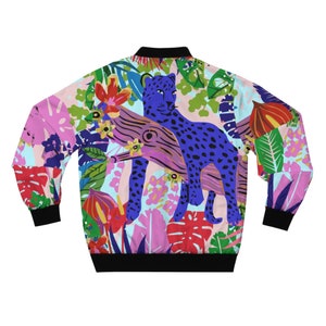 Jungle Leopard Bomber Jacket, Vibrant Animal Print Festival Jacket, Tropical Streetwear, Unisex Zip-Up, Funky Rave Outfit, Statement Jacket