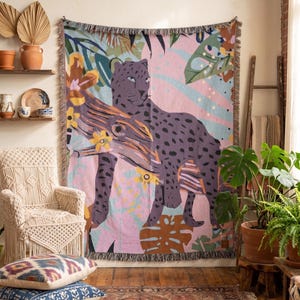 Leopard Jungle Scene Woven Blanket | Tropical Safari Animal Throw