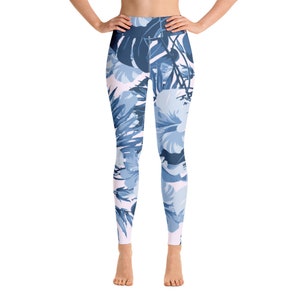 High Waisted Floral Yoga Leggings, Tropical Flower Print Running Leggings, Squat Proof Workout Leggings