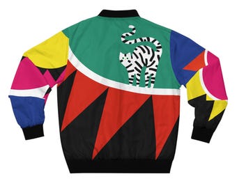 Retro bomberjack uit de jaren 80 met geometrische kattenprint