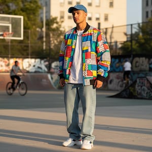 90s Retro Bomber Jacket: Color Block Memphis Pop Art Windbreaker image 1