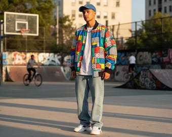 90s Retro Bomber Jacket: Color Block Memphis Pop Art Windbreaker