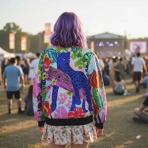 Kurtka bomber Jungle Leopard: Żywy strój na tropikalny festiwal rave