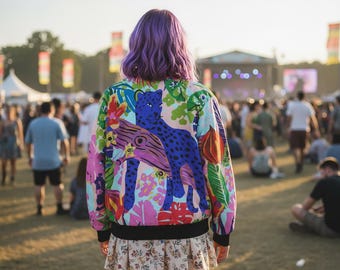 Jungle Leopard Bomber Jacket: Vibrant Tropical Rave Festival Outfit