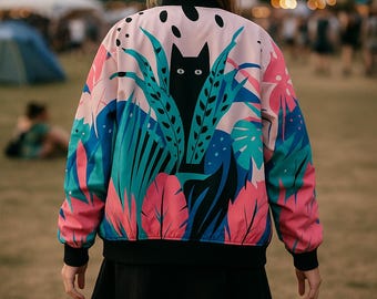 Black Cat Bomber Jacket Unisex, Jungle Print Streetwear, Y2K Festival Jacket
