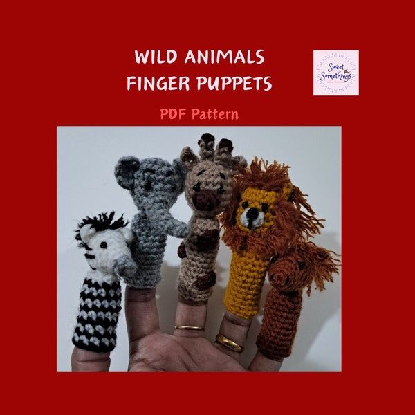 Wild Animals Finger Puppets PDF Pattern Zebra, Giraffe, Elephant, Horse, Lion