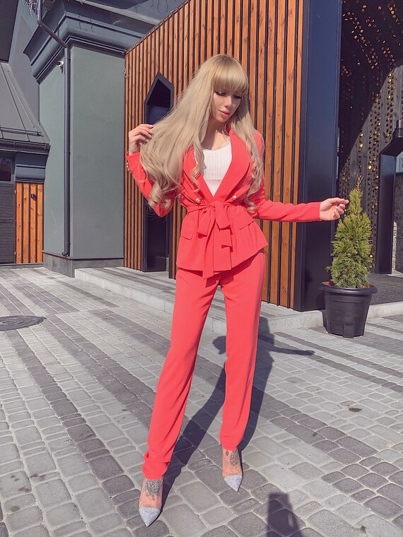 coral trouser suit