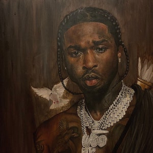 May include: A painting of a man with a dark complexion, wearing a thick gold chain necklace with a large pendant that says "Too  For  Smoke". He has a white dove on his shoulder and a black cloth draped over his body. The background is a dark brown wood.