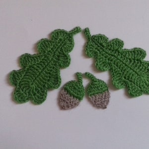 Puede incluir: Dos hojas de roble de ganchillo verdes y dos bellotas de ganchillo grises.