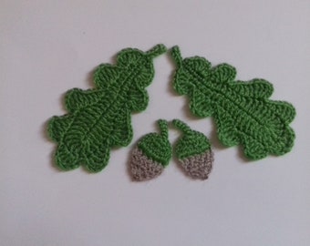 Crocheted oak leaves crochet green leaves crocheted oak acorns crocheted leaf appliques, two leaves and two acorns in the set