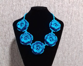 Crochet necklace Flower necklace Dark turquoise and blue necklace Crochet neck accessory 100% cotton Crochet rose