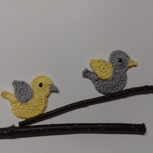 Könnte beinhalten: Zwei gehäkelte Vögel, einer gelb und einer grau, sitzen auf einem braunen Zweig. Der gelbe Vogel hat einen grauen Flügel und der graue Vogel einen gelben Flügel.