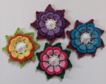 crocheted flower with leaves crochet applique scrapbooking  sewing flower motif embellishments