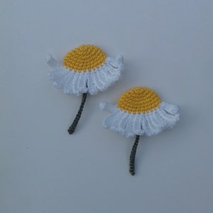 Könnte beinhalten: Zwei gehäkelte gelbe und weiße Gänseblümchen mit grauen Stielen.