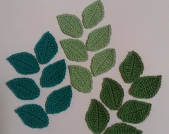 crocheted green leaves  crochet appliques motif leaves set of 6 or 12 leaves