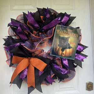 Black cat Halloween wreath, Halloween wreath, spooky wreath, black kitten Halloween, Gift for Halloween lover, Gift for Cat lover