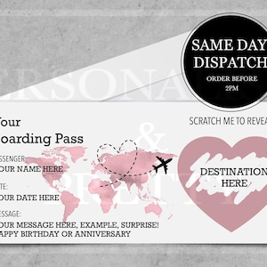 Personalised Scratch Reveal Boarding Pass, Scratch Reveal For Surprise Holiday, Surprise Holiday Destination, Birthday Surprise, Vacation